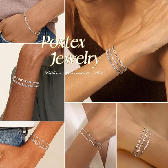 Silver-04 Dainty Stack Cuban Beaded Paperclip Bracelets Jewelry Gifts for Women - Picture 5 of 7